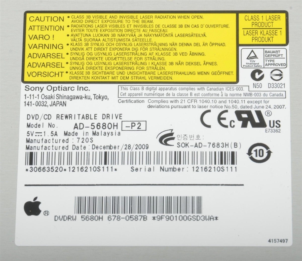 Apple iMac 27" A1312 Late 2009 Sony AD-5680H Superdrive 678-0587