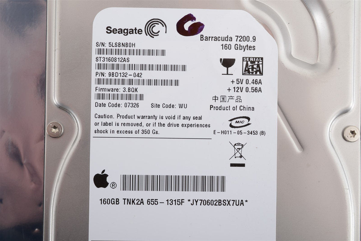 SEAGATE HARD DRIVE Barracuda 7200 RPM 160GB ST3160812AS 9BD132 APPLE PN 655-1315