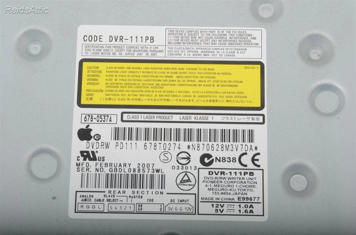 Apple Mac Pro A1186 1,1 DVD-R/RW Optical Drive PN 678-0537 Pioneer P/N DVR-111PB
