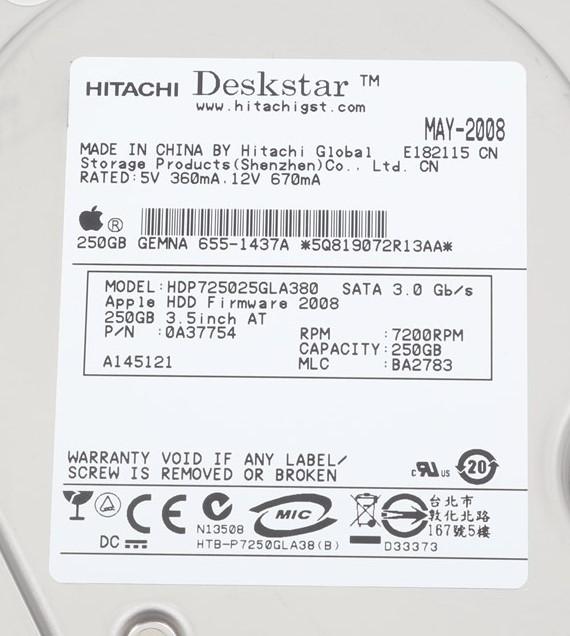 Apple iMac A1224 Hard Drive 250GB 7200 RPM HDP725025GLA380 661-4632 655-1437