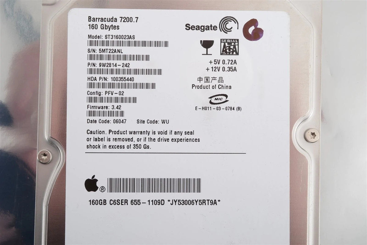 APPLE GALXA 160GB SEAGATE BARRACUDA 7200.10 ST3160023AS SATA HARD DRIVE 655-1109