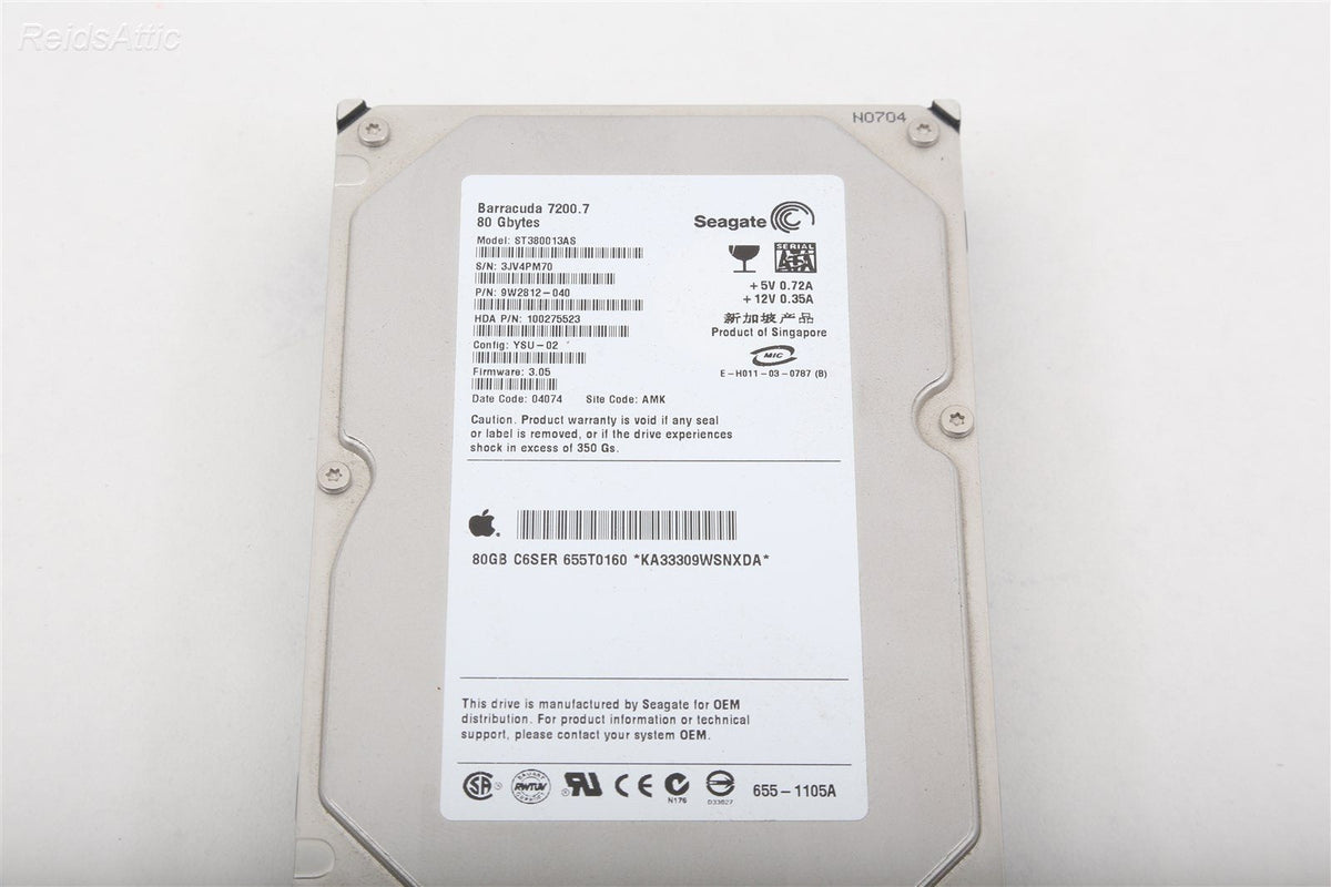 APPLE 80GB SEAGATE BARRACUDA 7200.10 ST380013AS SATA HARD DRIVE 655-1105A