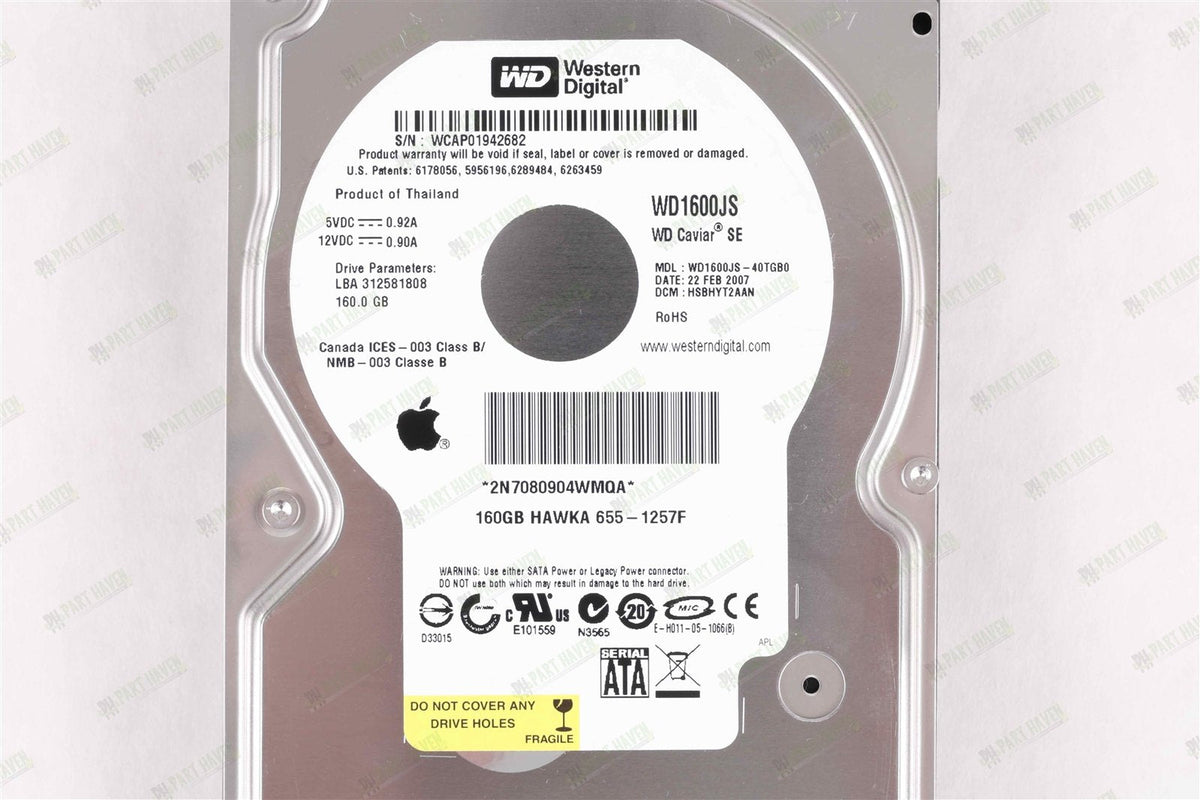 Apple OEM Western Digital 160GB 3.5" SATA hard drive WD1600JS (APL P/N) 655-1257