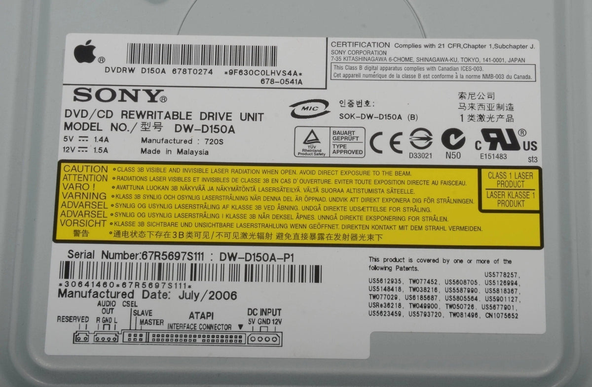 OEM Apple Mac Pro SuperDrive A1186 678-0541A, DW-D150A, IDE DVD-RW Made by Sony