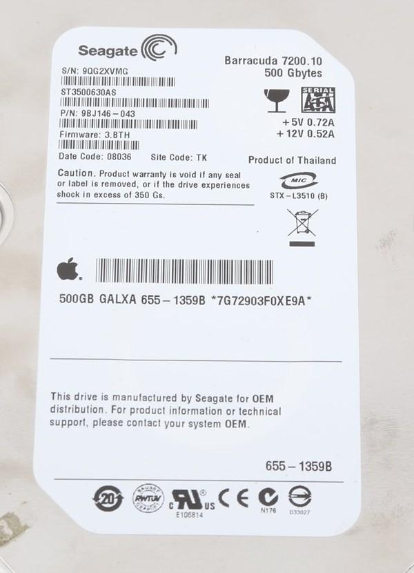 OEM APPLE Seagate Hard Drive HDD- 500GB 3.5" 7,200 rpm ST3500630AS | 655-1359