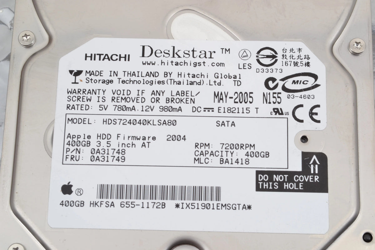 Apple / Hitachi Hard Drive HDS724040KLSA80 7200 RPM 400 GB P/N 655-1172