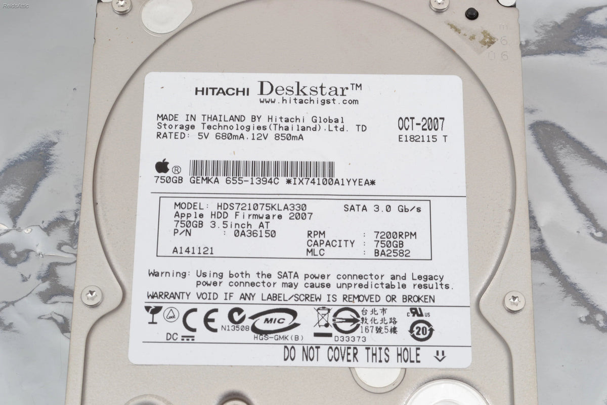 Apple / Hitachi Hard Drive HDS721075kla330 7200 RPM 750 GB P/N 655-1394