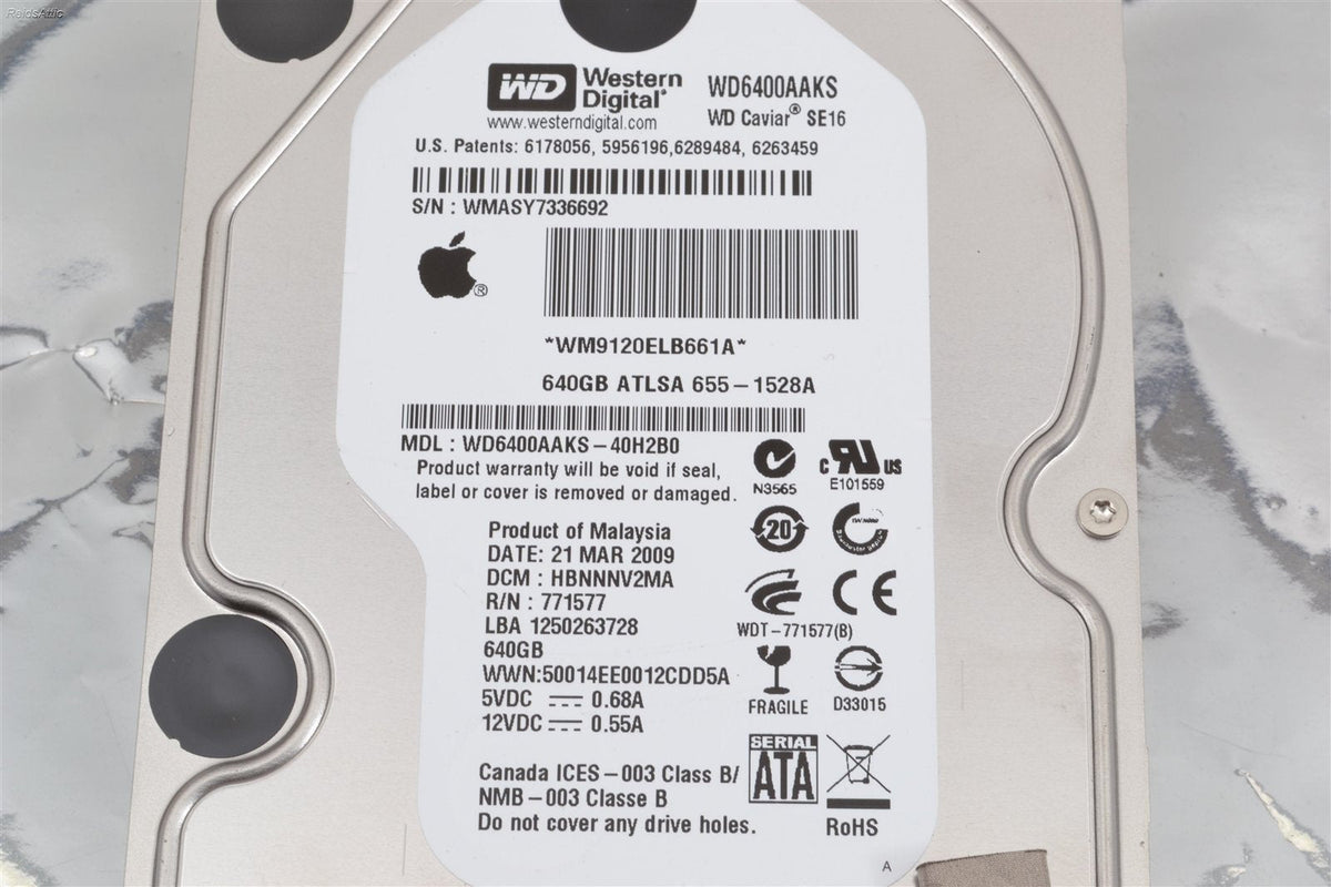 Apple / Western Digital Caviar 640 GB 3.5" Hard Drive WD6400AAKS P/N 655-1528