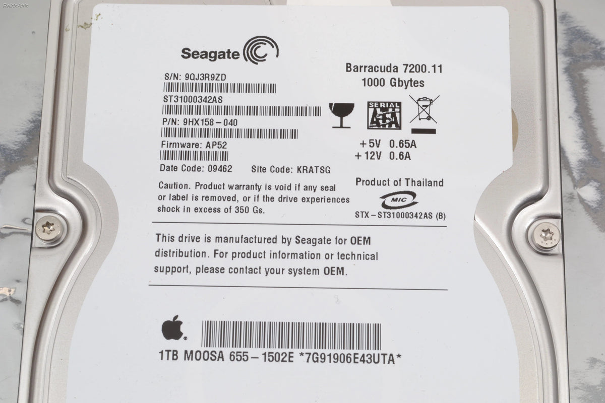 APPLE / SEAGATE BARRACUDA 7200 RPM ST31000342AS 1 TB HARD DRIVE P/N 655-1502