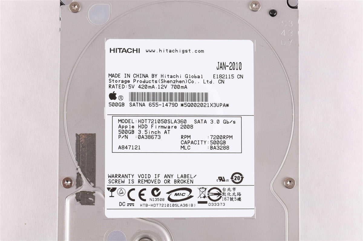 Apple / Hitachi Hard Drive HDT721050SLA360 7200 RPM 500 GB P/N 655-1479