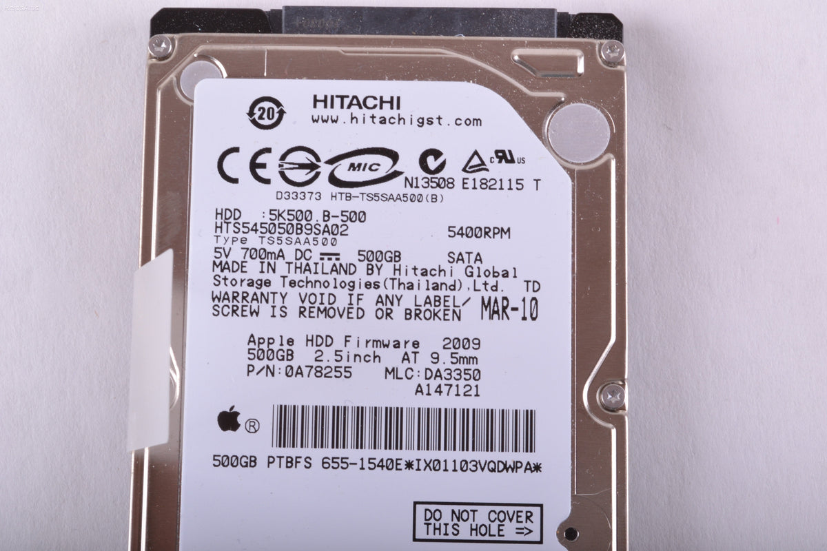 Apple / Hitachi 500GB 2.5" SATA hard drive hts545050B9SA02 655-1540 P/N 5k500