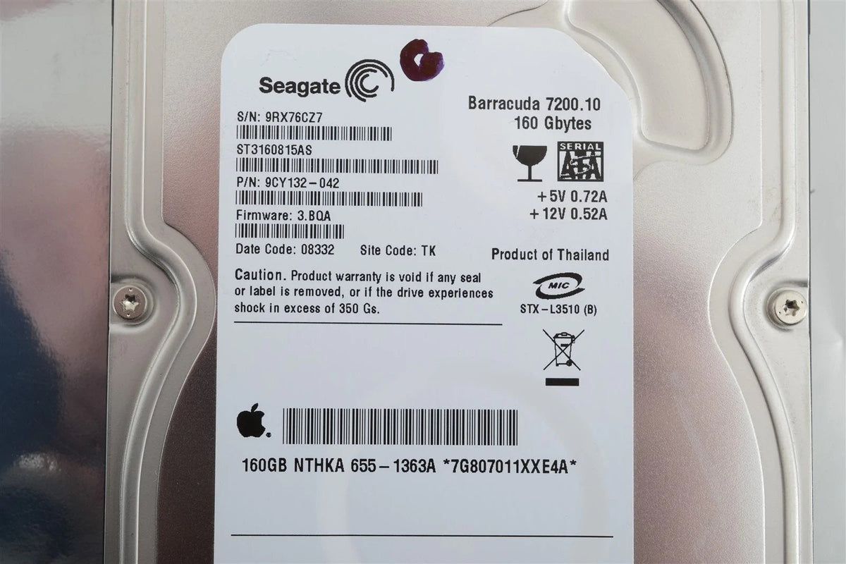 APPLE / SEAGATE BARRACUDA 7200.10 RPM ST3160815AS 160GB HARD DRIVE P/N 655-1363