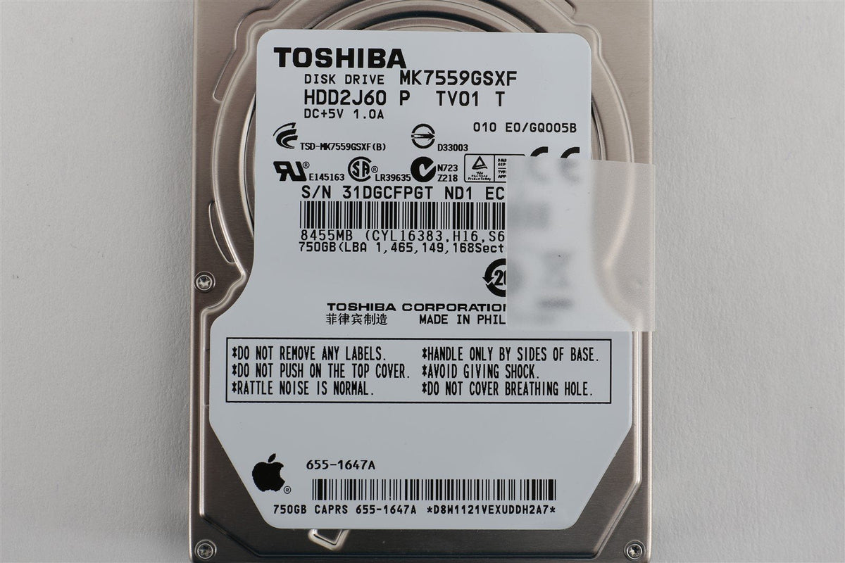 Apple OEM Toshiba 2.5" Hard Drive HDD MK7559GSXF 750GB 655-1647