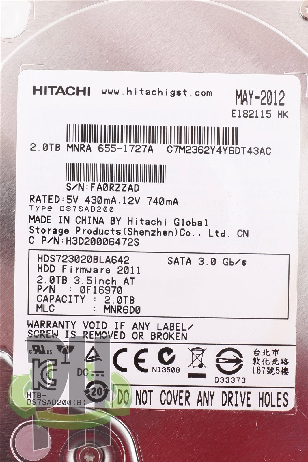 Apple / Hitachi Hard Drive H3D20006472S 7200 RPM 2 TB P/N 655-1727 0F16970