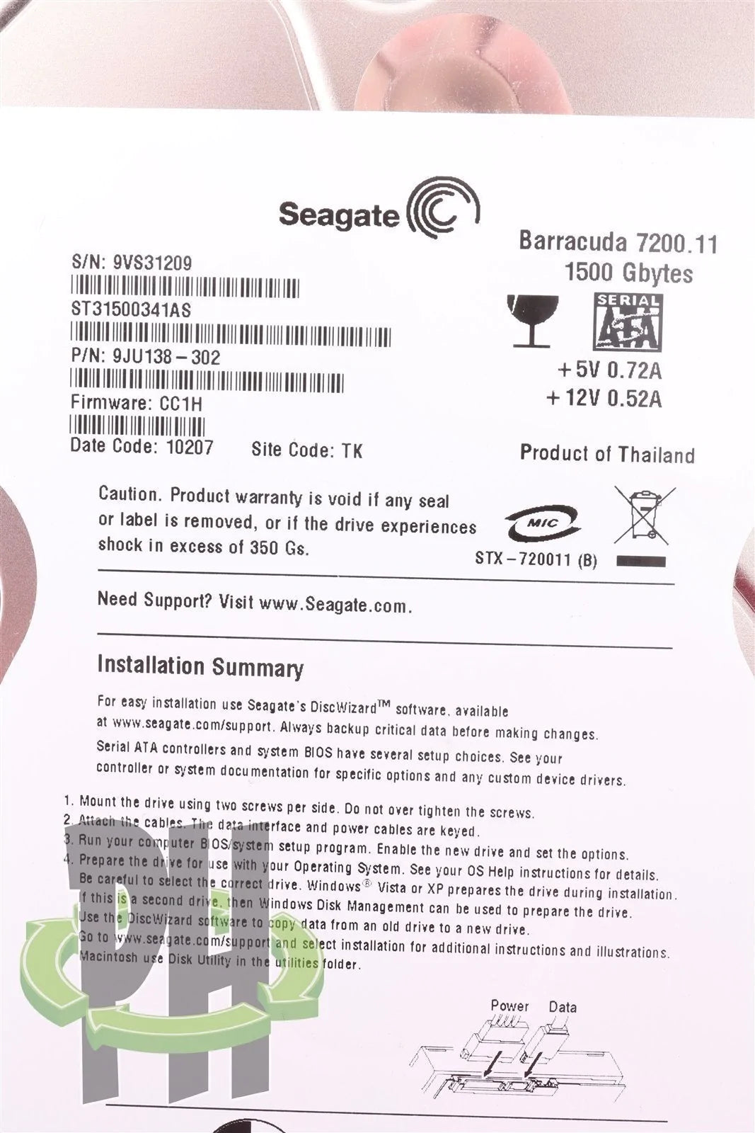 Seagate Barracuda 3.5" 7200 RPM 1.5 TB Hard Drive Model ST31500341AS