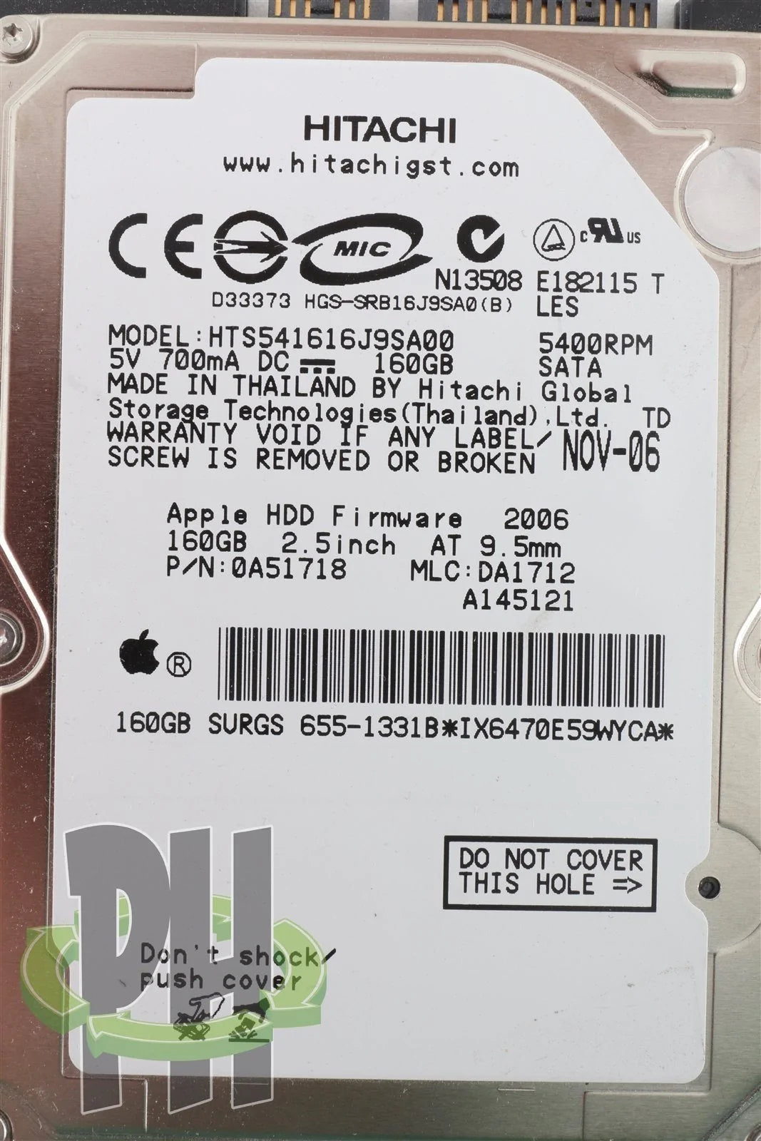 Apple OEM Hitachi 2.5" Hard Drive HTS541616J9SA00 160GB 655-1331