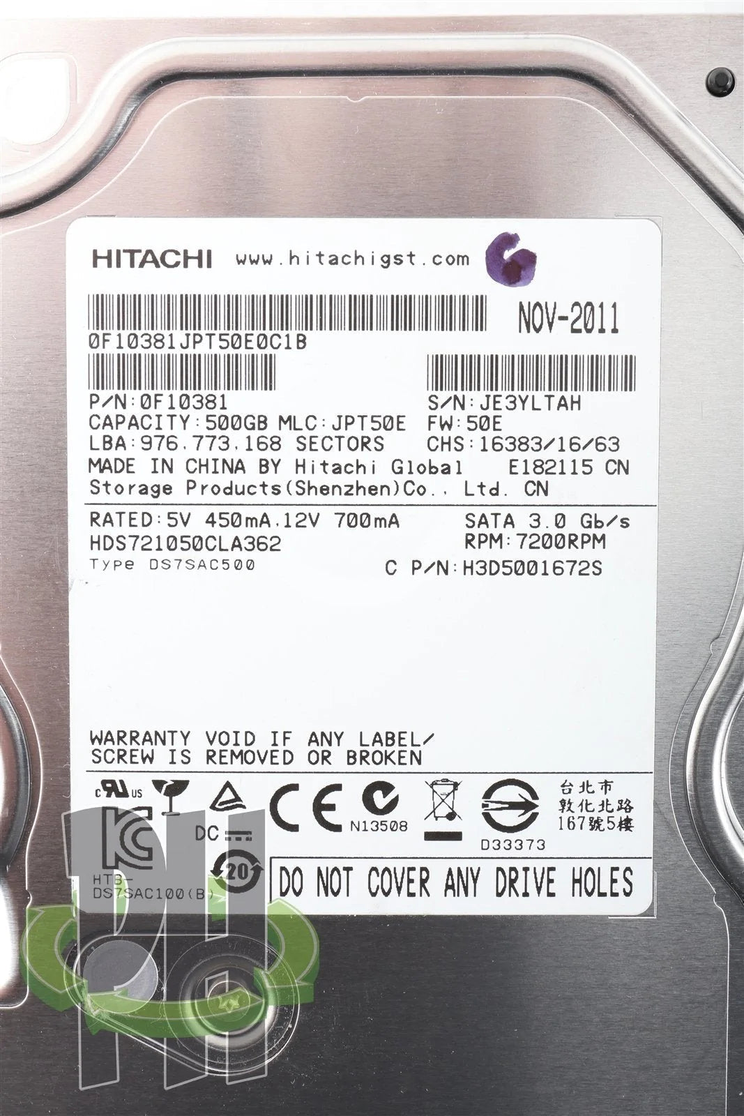 Hitachi Hard Drive HDS721050CLA362 7200 RPM 500 GB 3.0Gb/s