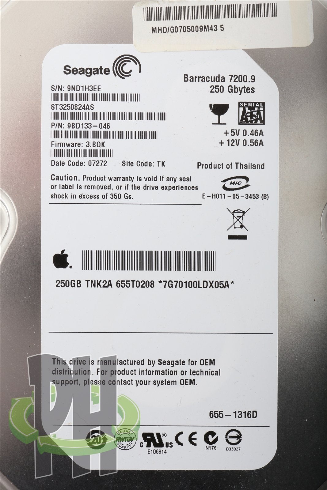 APPLE / SEAGATE BARRACUDA 7200.9 RPM ST3250824AS 250GB HARD DRIVE P/N 655-1316