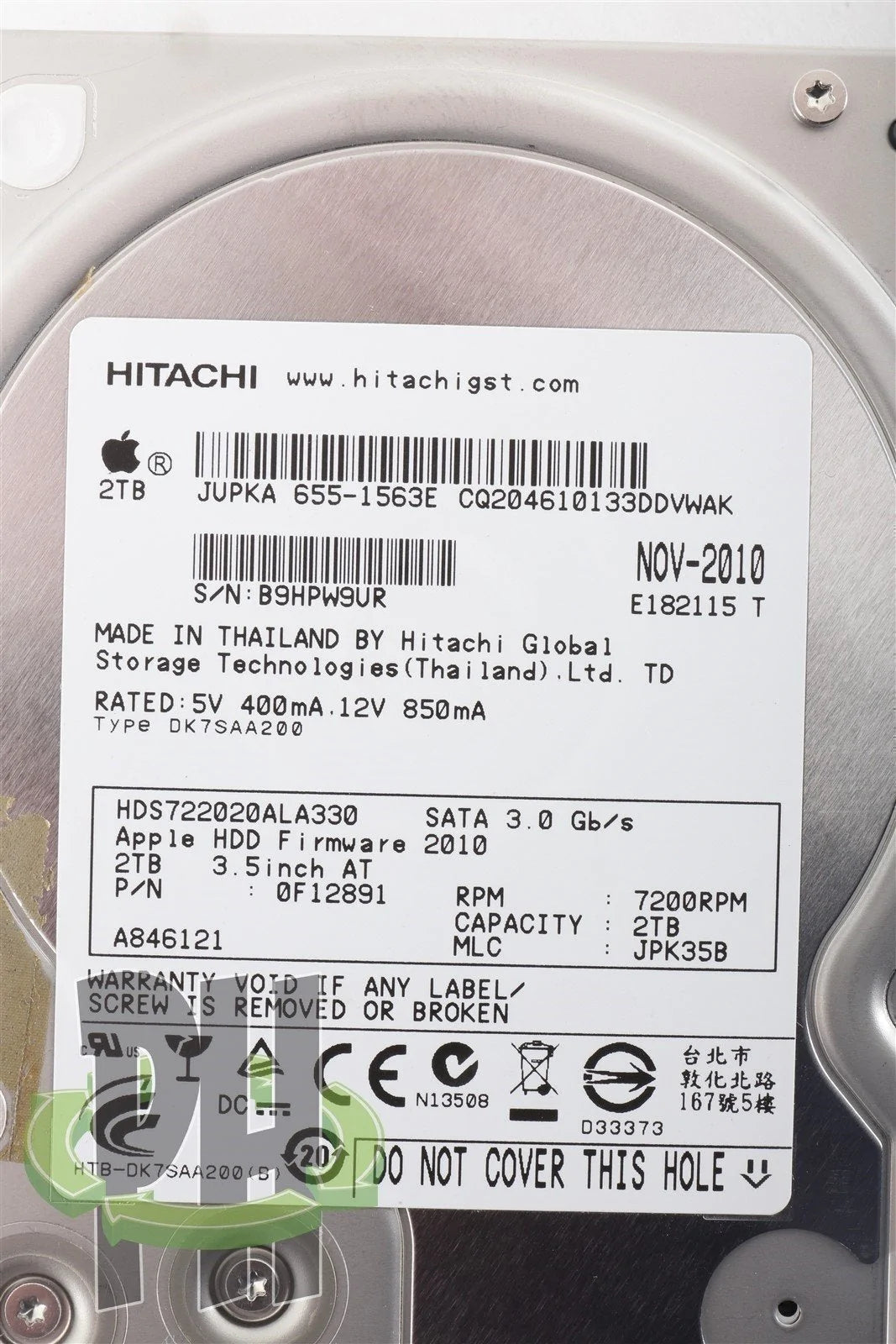Apple / Hitachi Hard Drive HDS722020ALA330 7200 RPM 2 TB (2,000GB) P/N 655-1563