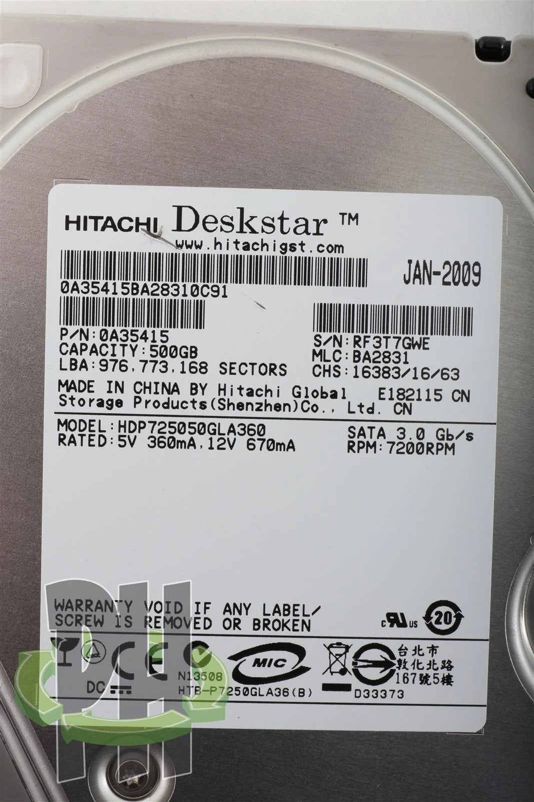 Hitachi Hard Drive HDD HDP725050GLA360 3.5" 7200 RPM 500 GB Formatted for Apple