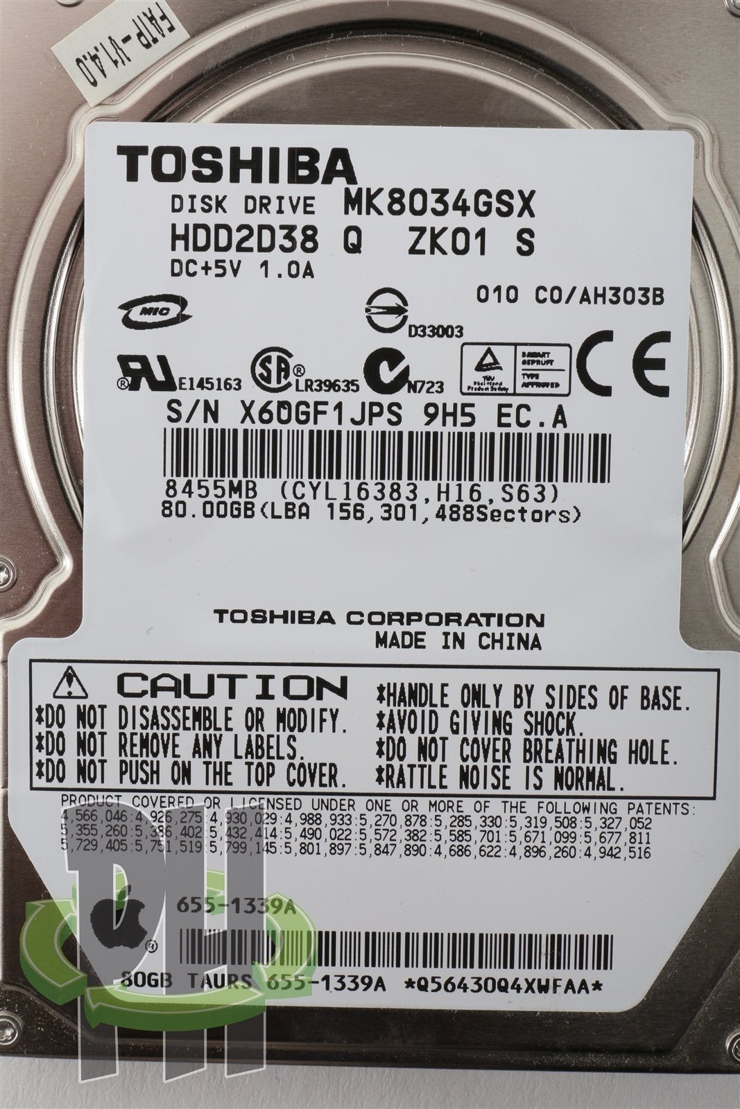 Apple OEM Toshiba 2.5" Hard Drive MK8034GSX 80GB 655-1339