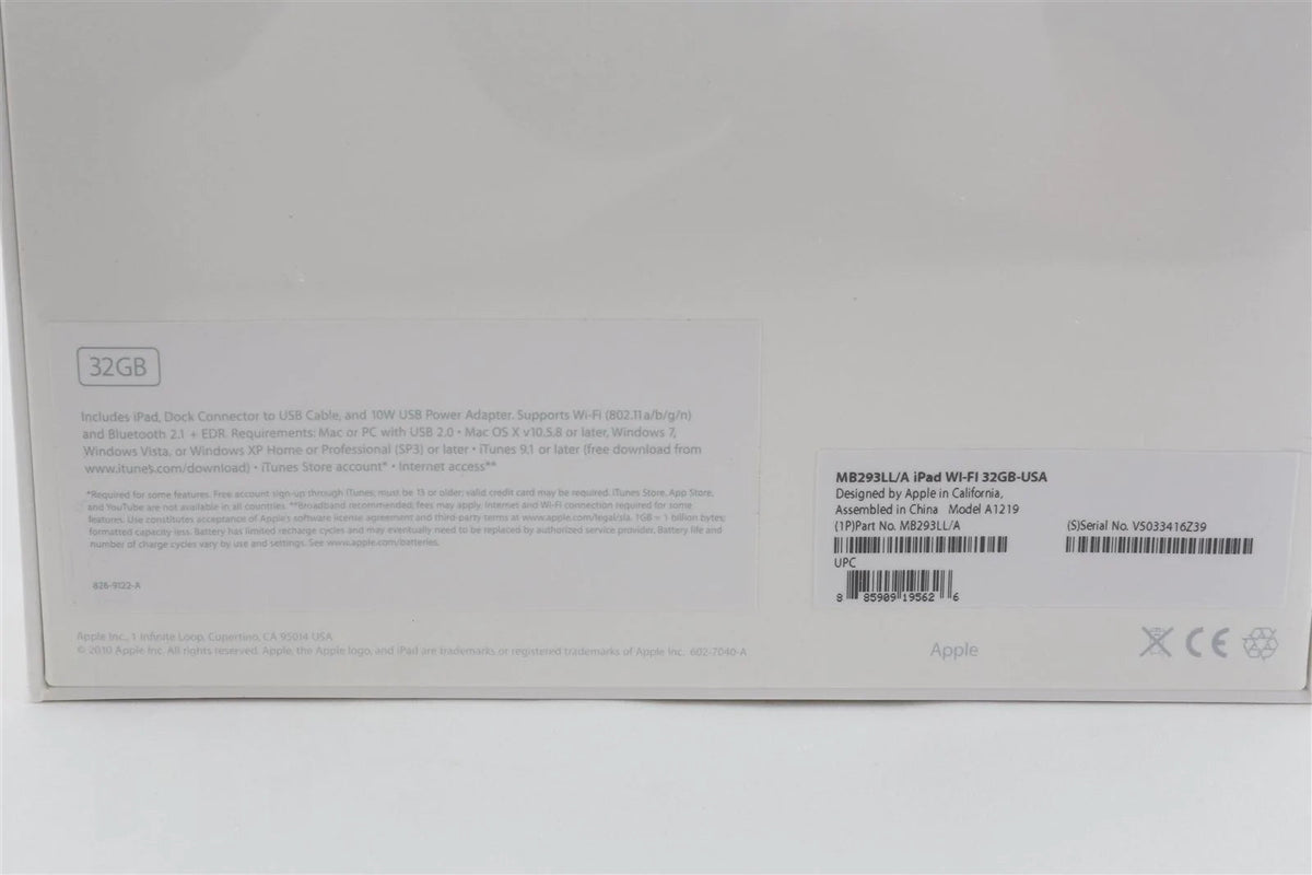 New in Box Original Apple iPad - 32 GB - Wi-fi Only - MB293LL/A - A1289