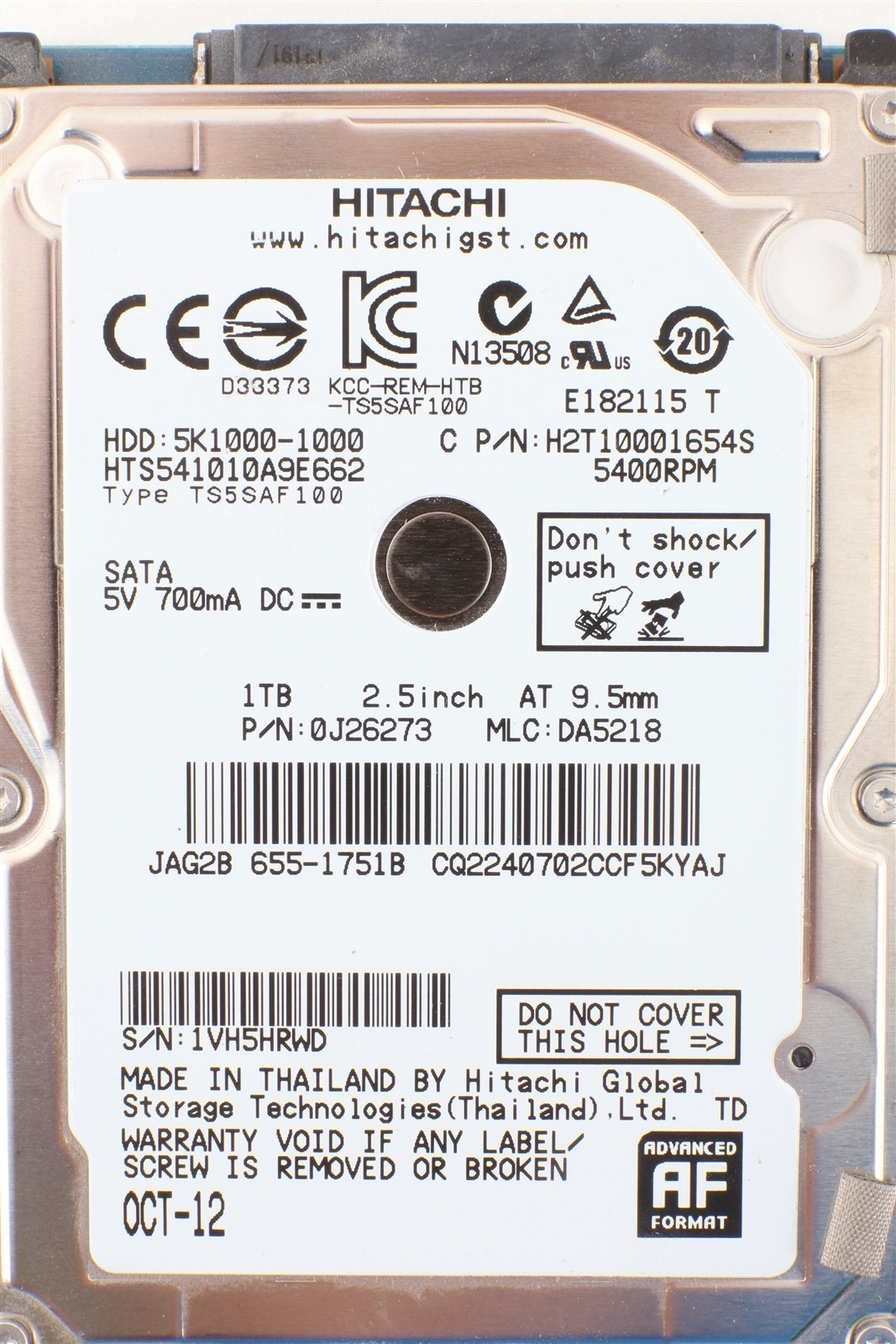 Apple OEM Hitachi 2.5" 9.5mm Hard Drive HTS541010A9E662 1 TB 5400 RPM 655-1751