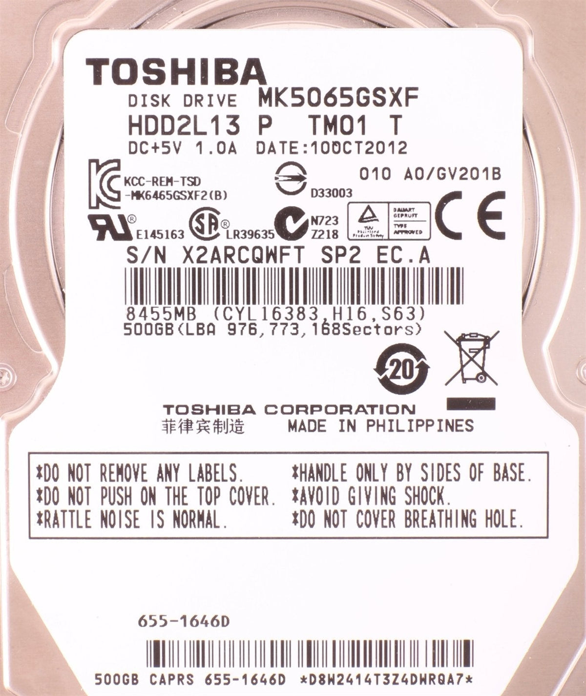 Apple OEM Toshiba 2.5" Hard Drive MK5065GSXF 500GB 655-1646