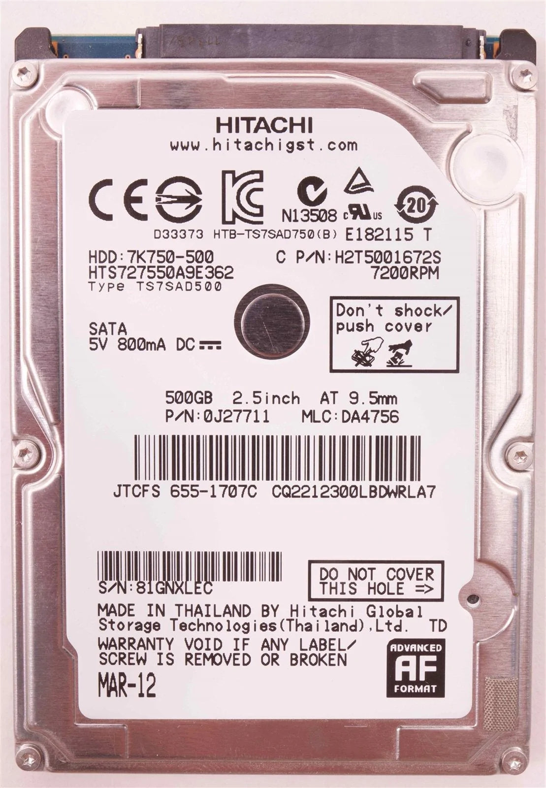 Apple / Hitachi 2.5" Hard Drive HTS727550A9E362 500GB 655-1707
