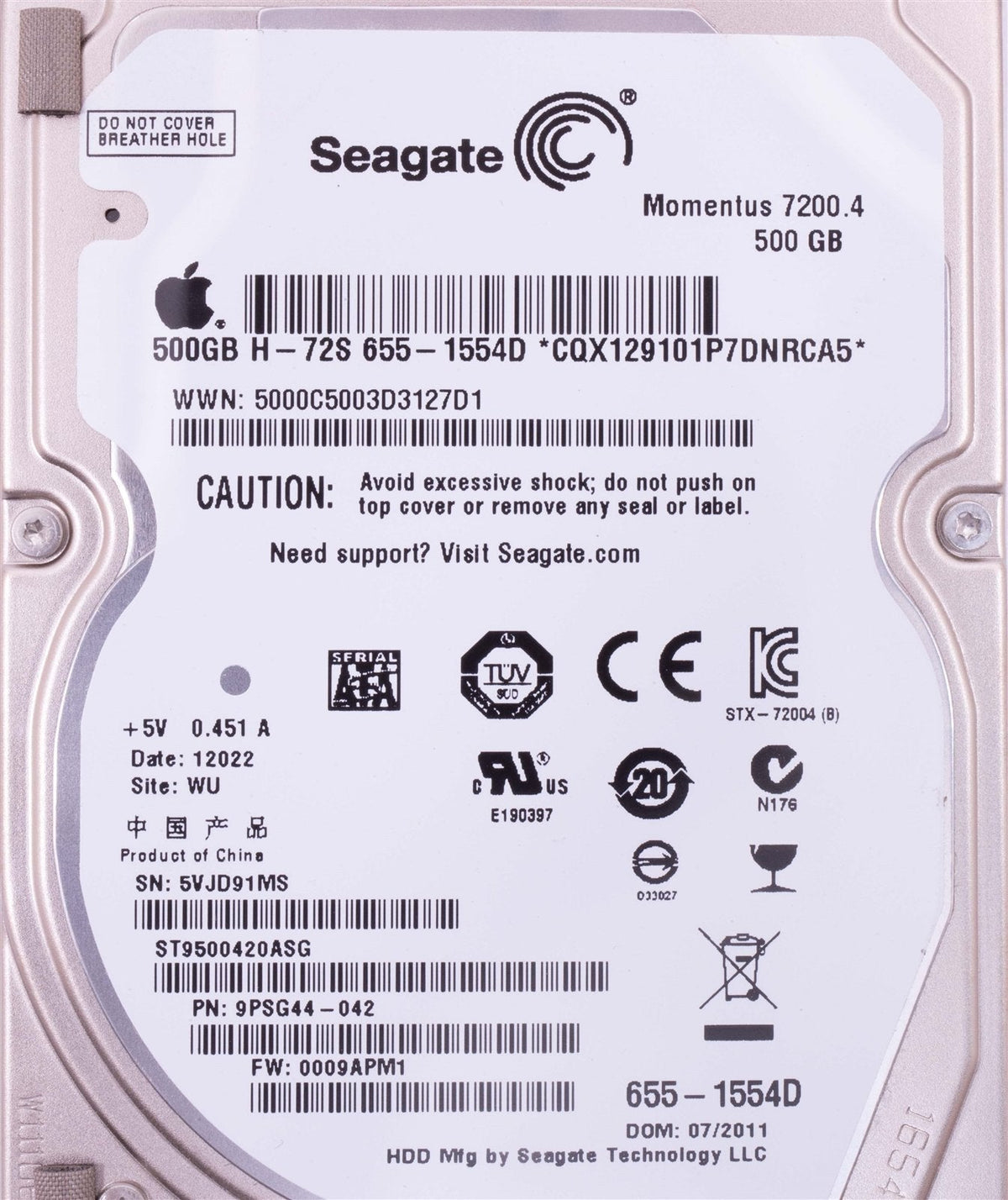 Apple OEM Seagate Momentus 7200.4 500GB 7200 RPM 2.5" Hard Drive 655-1554