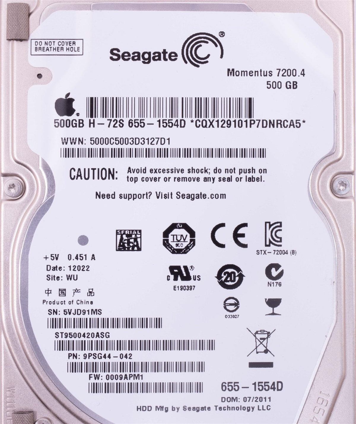 Apple OEM Seagate Momentus 7200.4 500GB 7200 RPM 2.5&quot; Hard Drive 655-1554