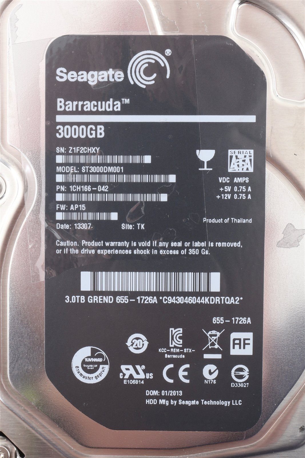 AS-IS Apple OEM Seagate Barracuda 3.5" Hard Drive ST3000DM001 3,000 GB 655-1726