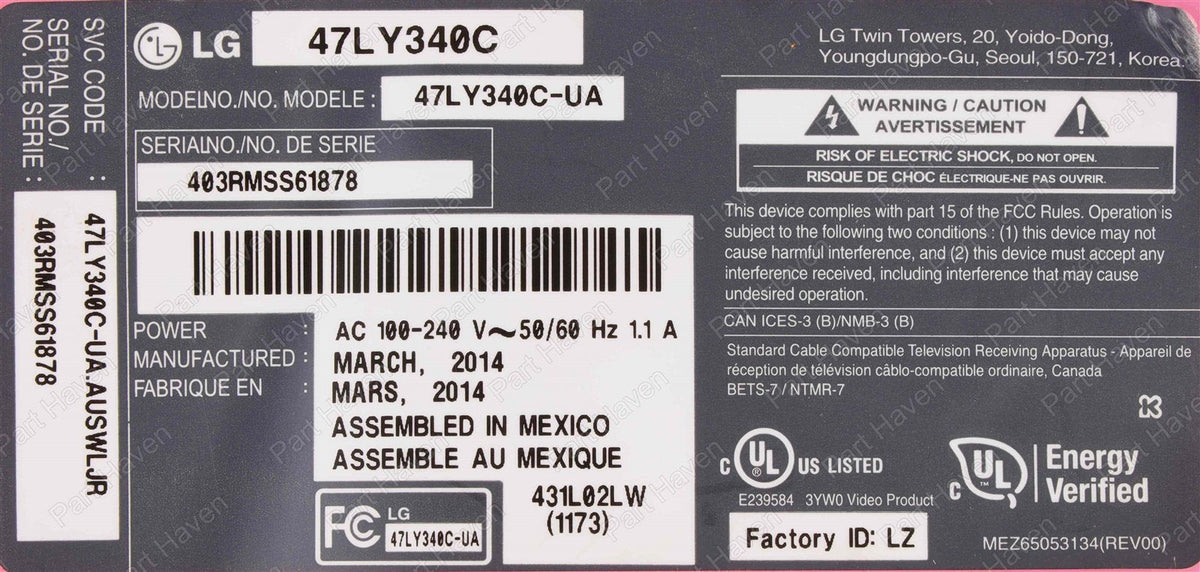 LG TV 47LY340C || Main Control Board || EAX65467203 44PRSL52002 EBT62962001