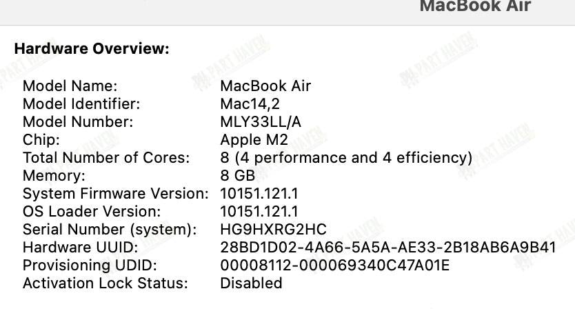 Logic Board W/Touch ID Sensor - Apple M2 13" Macbook Air A2681 8 Core GPU