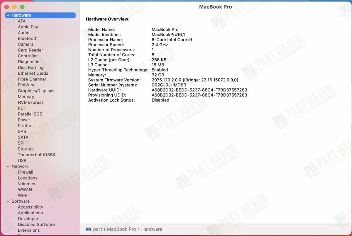 Logic Board + Touch ID || 2.4GHz i9 32GB / 512GB || 16" MacBook Pro 2019 A2141