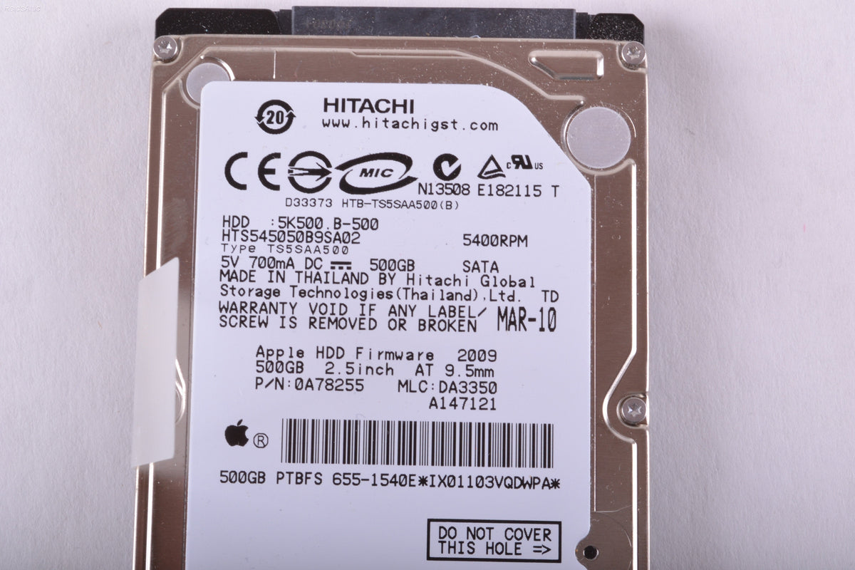 Apple / Hitachi 500GB 2.5&quot; SATA hard drive hts545050B9SA02 655-1540 P/N 5k500